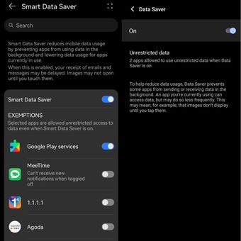 Ponsel-ponsel Android biasanya menyediakan fitur data saver untuk mengirit pemakaian kuota data, seperti dalam gambar ini yang berasal dari dua ponsel dengan UI berbeda. 