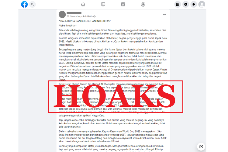 Tangkapan layar unggahan dengan narasi hoaks di sebuah akun Facebook, Minggu (27/11/2022), yang mengeklaim bahwa Qatar tidak menolak pesawat Jerman karena simbol LGBT. Faktanya, Jerman sengaja mendarat di Oman karena jadwal di kamp latihan dan gladi resik.