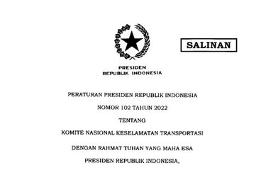 Tangkapan layar Perpres Nomor 102 Tahun 2022 tentang KNKT