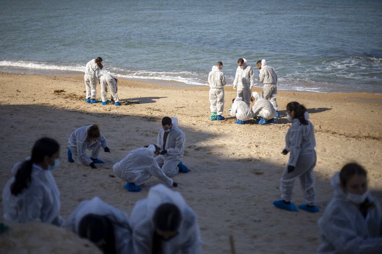 Tentara Israel mengenakan pakaian pelindung membersihkan ter dari pantai setelah tumpahan minyak di Laut Mediterania di Cagar Alam Pantai Sharon, dekat Gaash, Israel, Senin (22/2/2021).