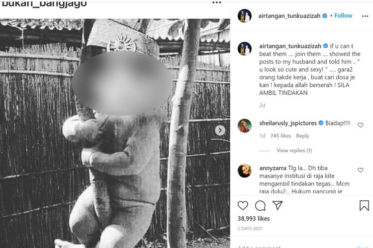Tangkapan layar dari unggahan istri Raja Malaysia, yang menunjukkan foto wajah Yang di-Pertuan Agong dijadikan meme di media sosial oleh akun @bukan_bangjago.
