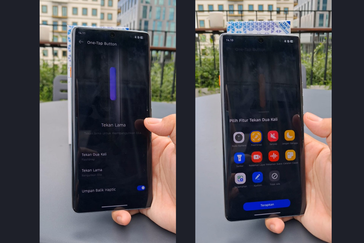 Tampilan fitur FlashSnap yang dapat diakses melalui One-Tap button. Tombol ini terletak di sisi kiri perangkat.
