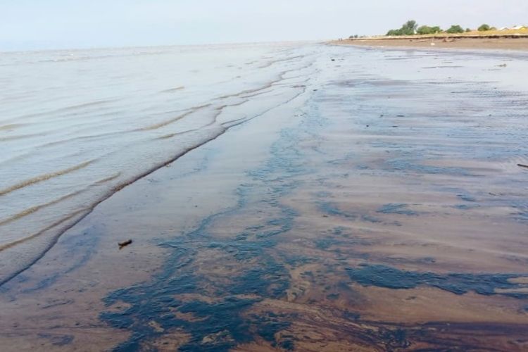 Ceceran minyak di Pantai Sedari, Dusun Tanjungsari, Desa Sedari, Kecamatan Cibuaya, Kabupaten Karawang akibat kebocoran pipa di sekitar area BZZA atau sekitar 15 mil dari bibir pantai Karawang