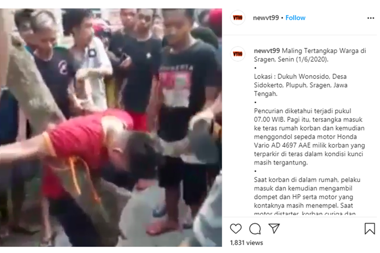 Tangkapan layar video viral maling sepeda motor di hakimi massa di Plupuh, Sragen, Jawa Tengah.