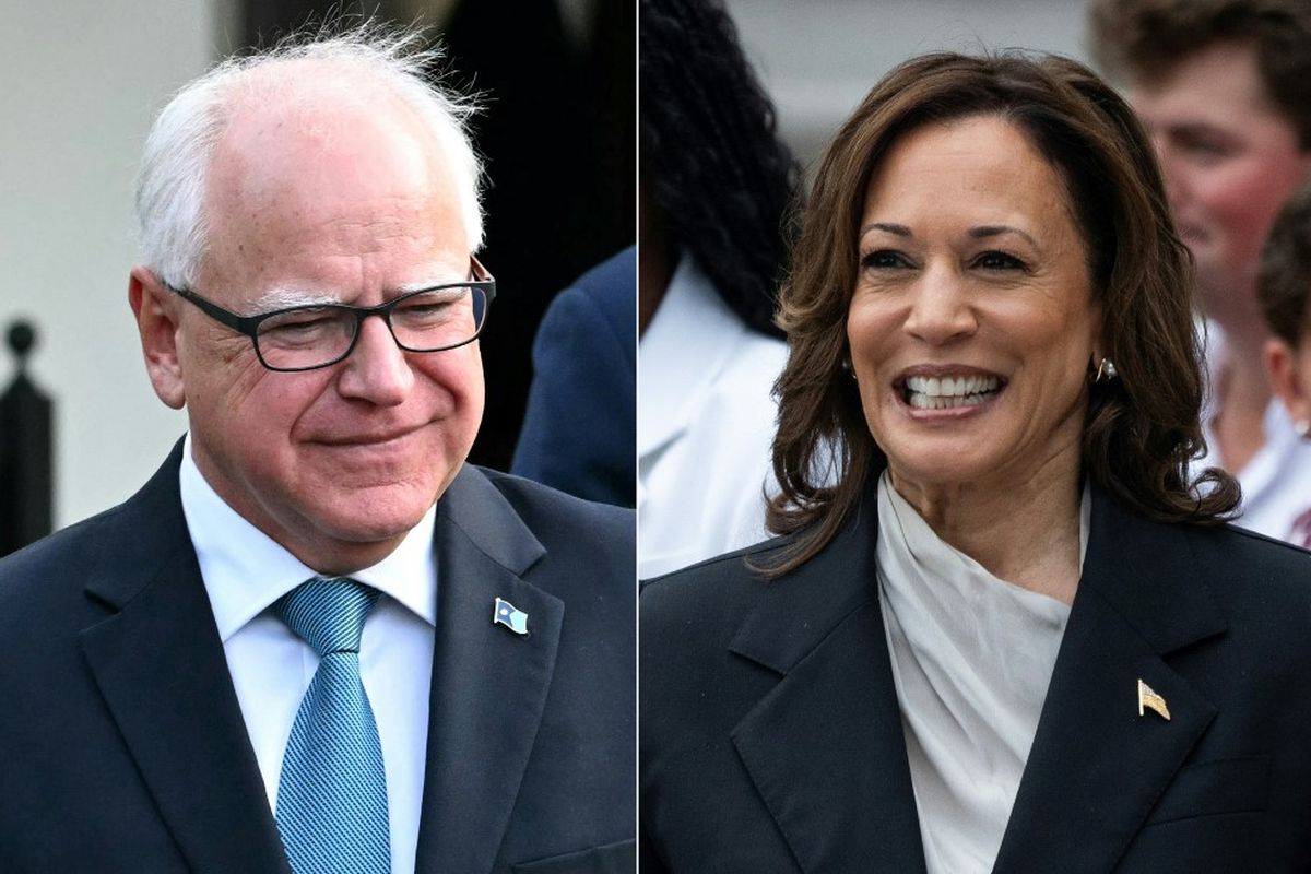 Kombinasi foto yang dibuat pada 2 Agustus 2024 ini menunjukkan Wakil Presiden AS Kamala Harris di Washington, DC pada tanggal 22 Juli 2024, dan Gubernur Minnesota Tim Walz di Washington, DC, tanggal 3 Juli 2024. Harris memilih Walz sebagai pasangannya pada 6 Agustus 2024, media AS melaporkan, ketika wakil presiden bersiap untuk menghadapi Donald Trump dari Partai Republik pada pemilu AS bulan November. 
