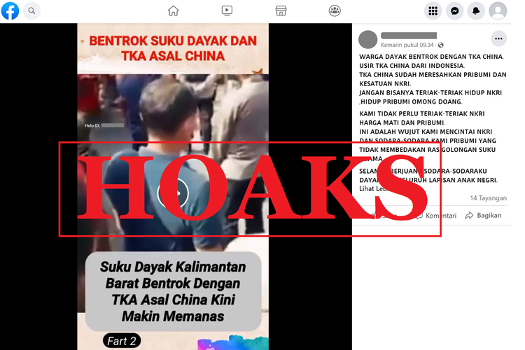 Tangkapan layar unggahan dengan narasi hoaks di sebuah akun Facebook, (23/1/2023), soal video suku dayak yang bentrok dengan TKA China. Video itu ditempatkan dalam konteks yang salah.