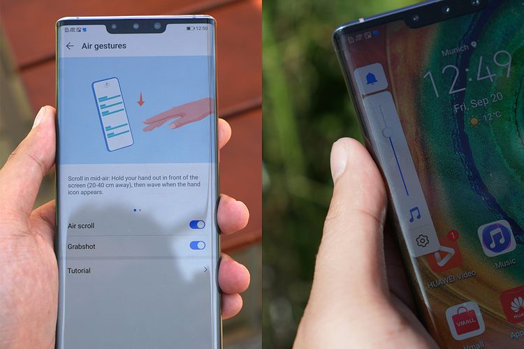                                Fungsi tombol volume digantikan oleh on-screen slider yang bisa dimunculkan di kedua sisi layar (foto kanan). Mate 30 Pro juga memiliki fitur Air Gesture yang bisa menjalankan beberapa fungsi seperti screenshot dan scrolling dengan gerakan tangan di udara tanpa menyentuh layar.