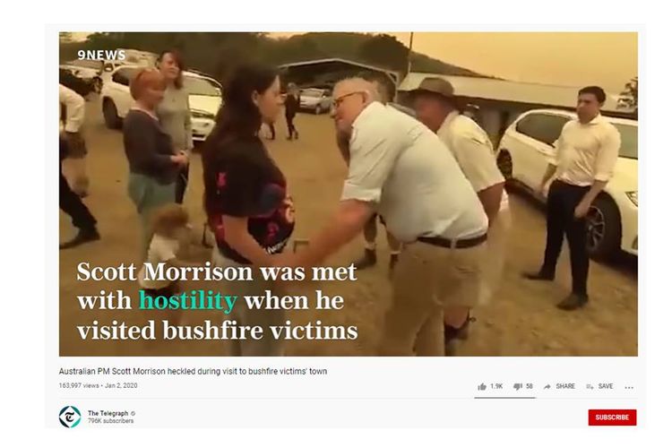 PM Australia Scott Morrison saat mengunjungi warganya yang terdampak kebakaran hutan di Australia.