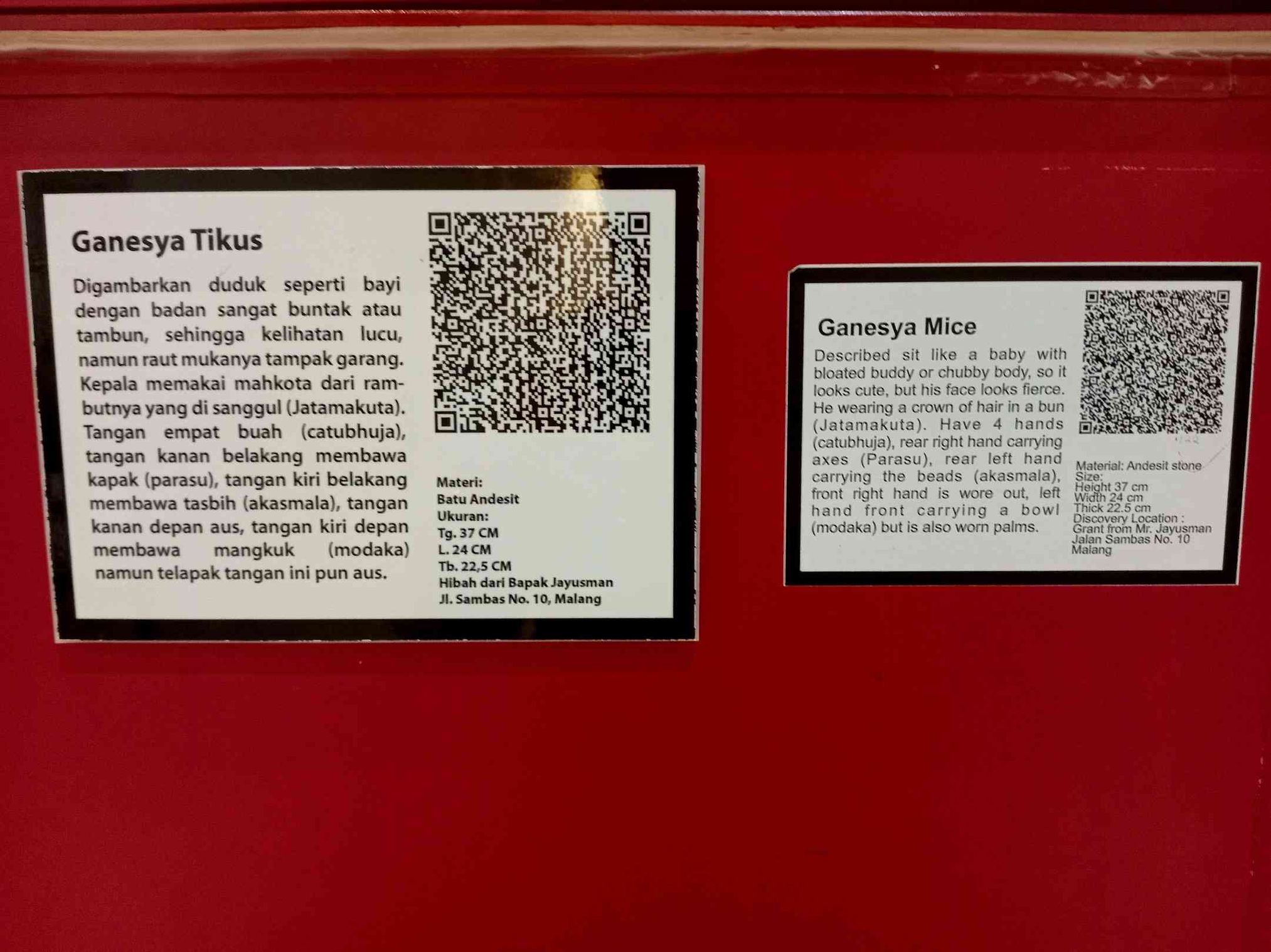 Keterangan tentang Ganesha tikus, Museum Mpu Purwa, Griyasanta, Malang. (Foto: Parlin Pakpahan)