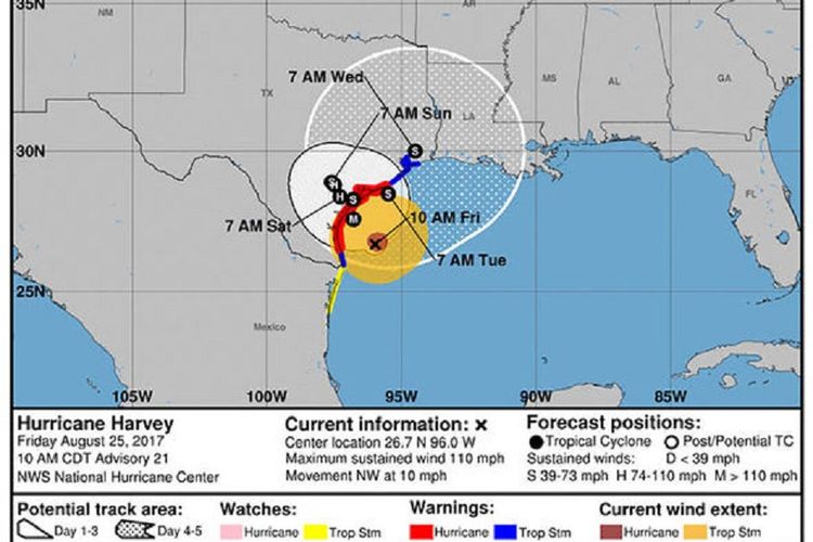 Badai Harvey akan segera mendarat di Texas pada Sabtu (26/8/2017) pagi waktu setempat.