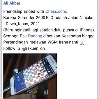 Tangkapan layar yang diduga dari akun Facebook Ali Akbar, anak Dadang Subur alias Dewa Kupas, di mana ia mengakui memakai engine chess Shredder.