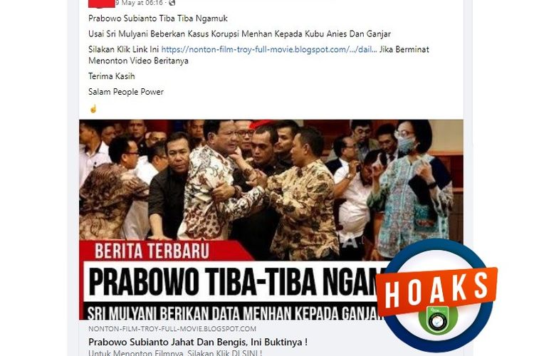 Tangkapan layar Facebook narasi yang mengeklaim Prabowo mengamuk karena Sri Mulyani beberkan korupsinya