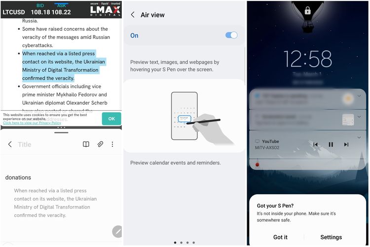 Ilustrasi fitur menyalin teks dari satu aplikasi ke aplikasi lainnya (kiri), Air View (tengah), dan fitur pengingat S Pen hilang (kanan) di Galaxy S22 Ultra.