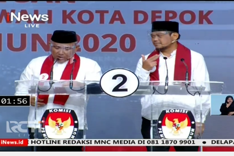 Paslon nomor urut 2 Mohammad Idris dan Imam Budi Hartono dalam debat publik perdana Pilkada Depok, Minggu (22/11/2020).
