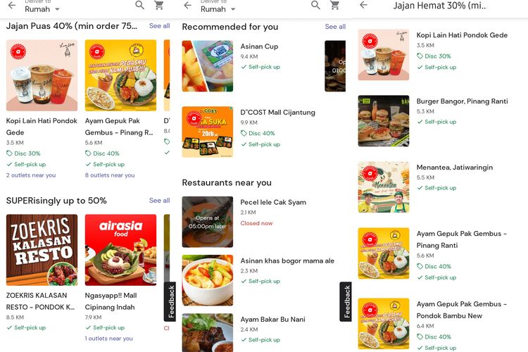 Daftar restoran di aplikasi AirAsia.