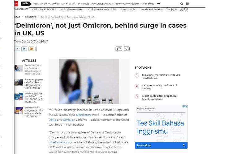 Laporan indiatimes.com pada 22 Desember 2021 tentang istilah Delmicron.