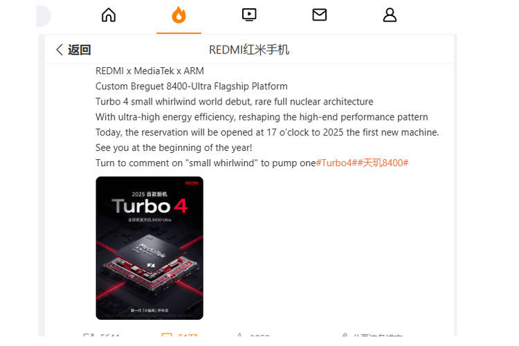 Tangkapan layar situs media sosial Weibo di China, di mana akun resmi Redmi mengumumkan Redmi Turbo 4 sebagai smartphone pertama yang ditenagai chip Mediatek Dimensity 8400.