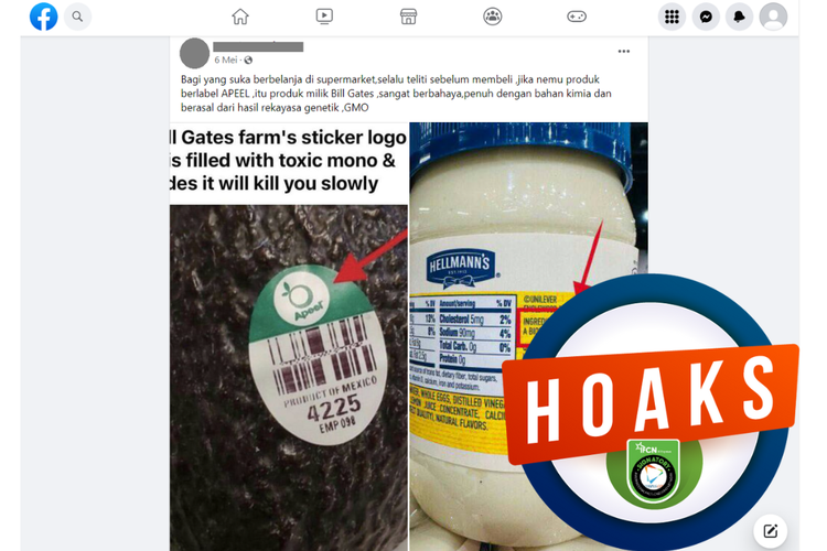 Tangkapan layar unggahan dengan narasi hoaks di sebuah akun Facebook, 6 Mei 2023, berisi peringatan label Apeel menandakan produk GMO.
