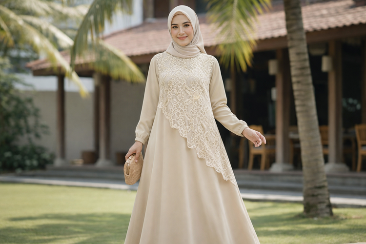 Gamis Bini Orang Polos dengan Aksen Brokat Simetris