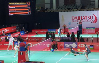 Pertandingan Fajar Alfian/Muhammad Rian Ardianto dan Muhammad Shohibul Fikri/Bagas Maulana pada babak 32 besar Indonesia Masters 2021 di Bali International Convention Centre, Selasa (16/11/2021).