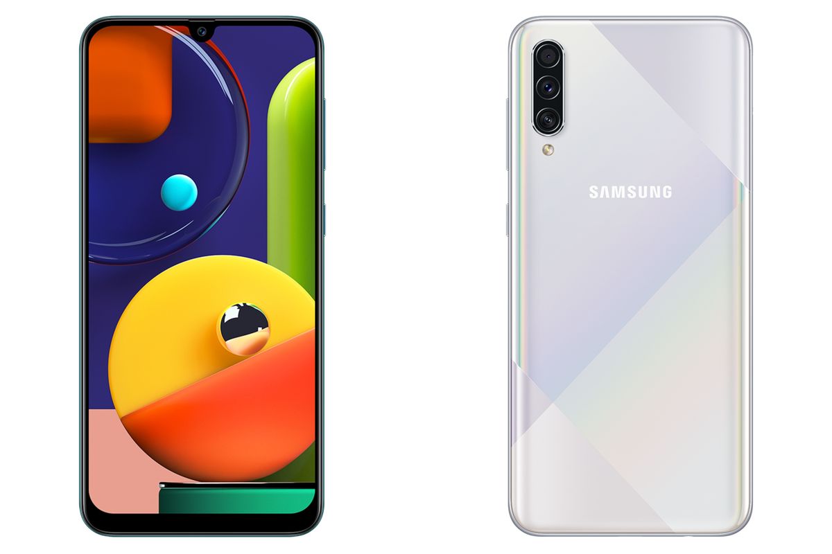 Ilustrasi Galaxy A50s tampak depan dan belakang