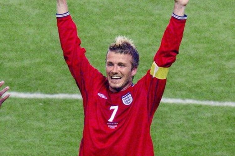 David Beckham saat merayakan kemenangan atas Argentina pada penyisihan Grup F Piala Dunia 2002.