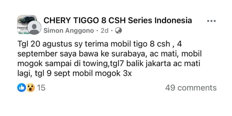 Salah satu keluhan konsumen pengguna Chery Tiggo 8 CSH