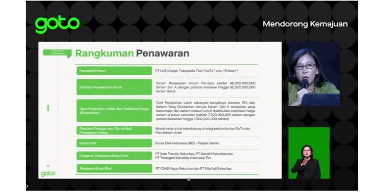 Direktur Capital Market Mandiri Sekuritas Silva Halim merinci rentang harga, jumlah saham yang dilepas, serta indikasi jadwal IPO GoTo.