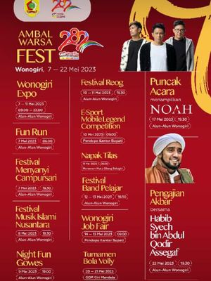 Pemkab Wonogiri memeringati HUT ke-282 Kabupaten Wonogiri dengan menggelar 12 acara pada 7-22 Mei 2023. Salah satunya adalah menggelar konser band Noah gratis di Alun-Alun Wonogiri.