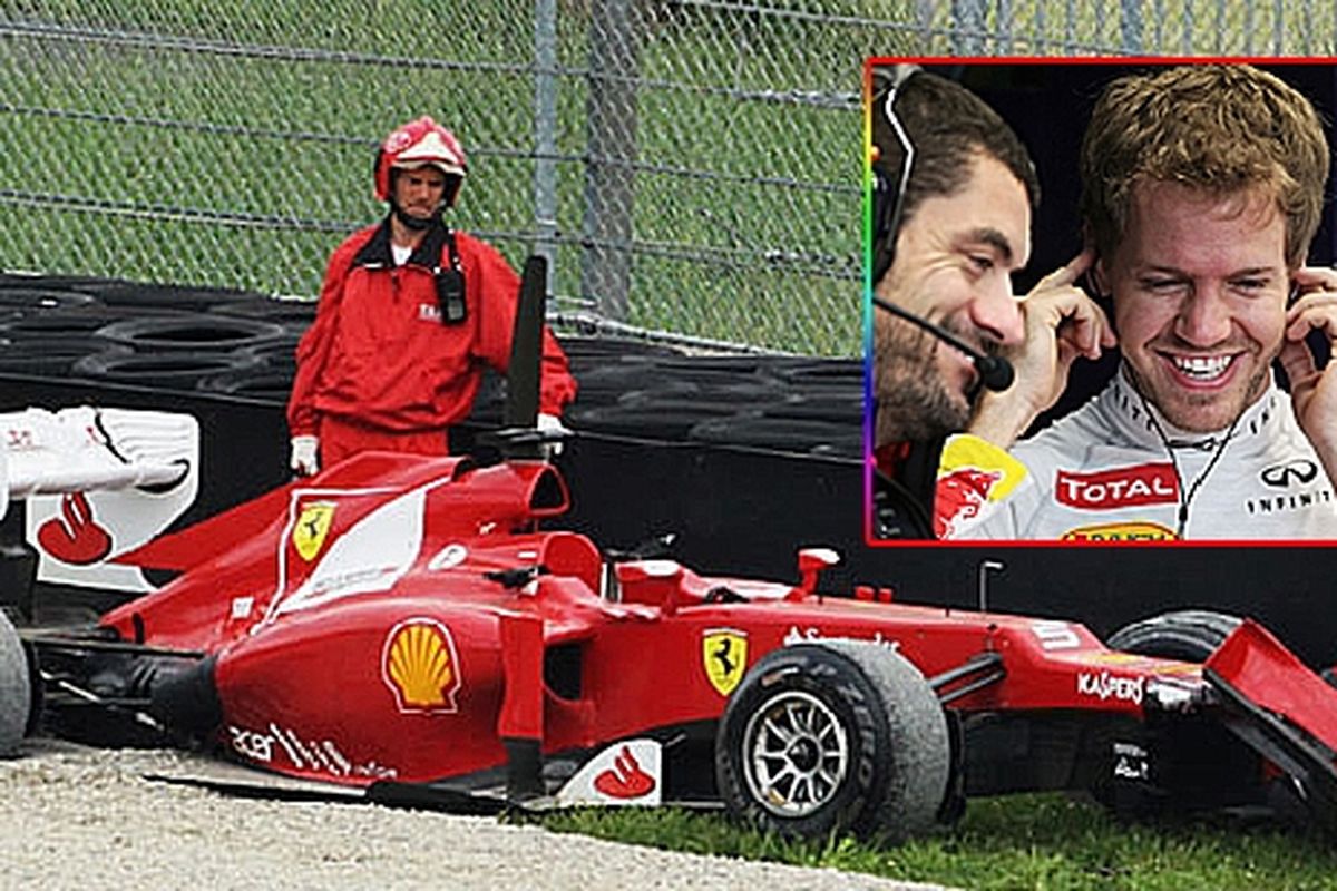 Ferrari yang dikendari Alonso menghajar dinding pembatas. Insert; Vettel tersenyum bisa tampil tercepat