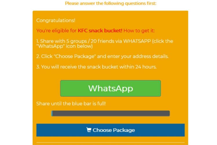 Tangkapan layar dari website mengatasnamakan KFC yang membagi-bagikan 3.000 snack bucket gratis.
