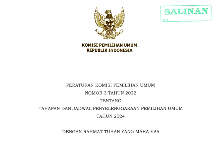 Tangkapan layar Peraturan Komisi Pemilihan Umum (PKPU) Nomor 3 Tahun 2022 tentang Tahapan dan Jadwal Penyelenggaraan Pemilihan Umum Tahun 2024.