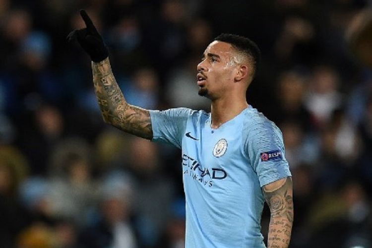 Gabriel Jesus merayakan golnya pada pertandingan Manchester City vs Schalke 04 dalam babak 16 besar Liga Champions di Stadion Etihad, 12 Maret 2019. 