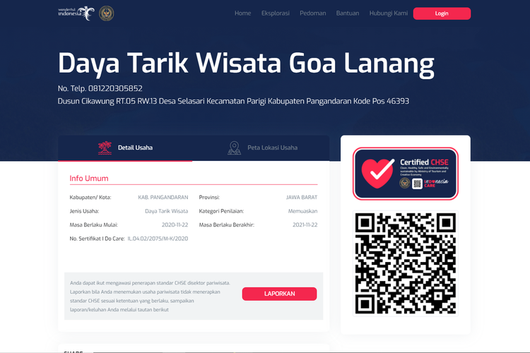 Tangkapan layar situs milik Kementerian Pariwisata dan Ekonomi Kreatif yang dapat dimanfaatkan wisatawan untuk memeriksa apakah tempat wisata atau hotel yang akan dikunjungi telah memiliki sertifikat CHSE, Minggu (27/12/2020).