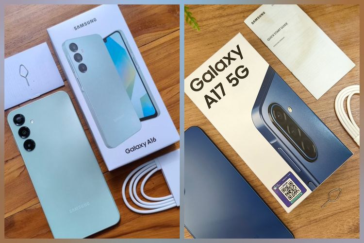 Desain kotak ritel Samsung Galaxy A17 5G (kanan) dan Galaxy A16 5G (kiri) beserta isi dan kelengkapannya. 
