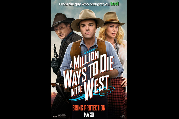 Seth McFarlane, Charlize Theron, dan Liam Neeson dalam film komedi A Million Ways to Die in the West (2014).