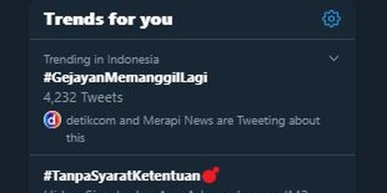 Tagar Gejayan Memanggil Lagi menduduki posisi tertinggi trending topic Twitter Indonesia, Senin (9/3/2020) siang.