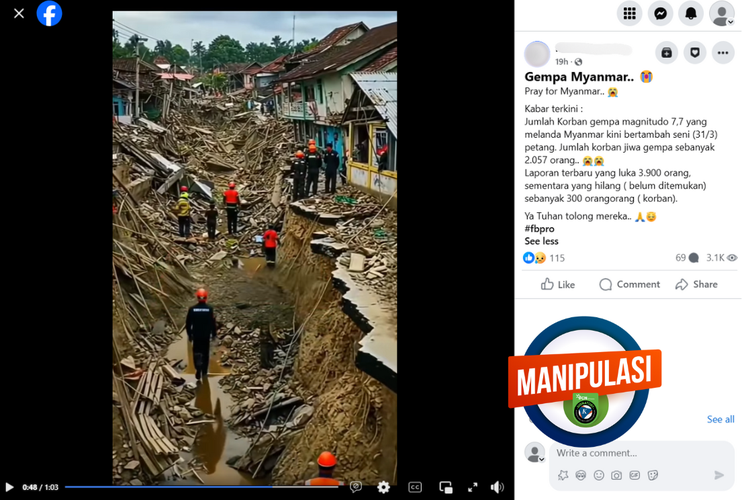 Tangkapan layar konten manipulatif di sebuah akun Facebook, Selasa (1/4/2025), menampilkan kumpulan video dampak gempa Myanmar.