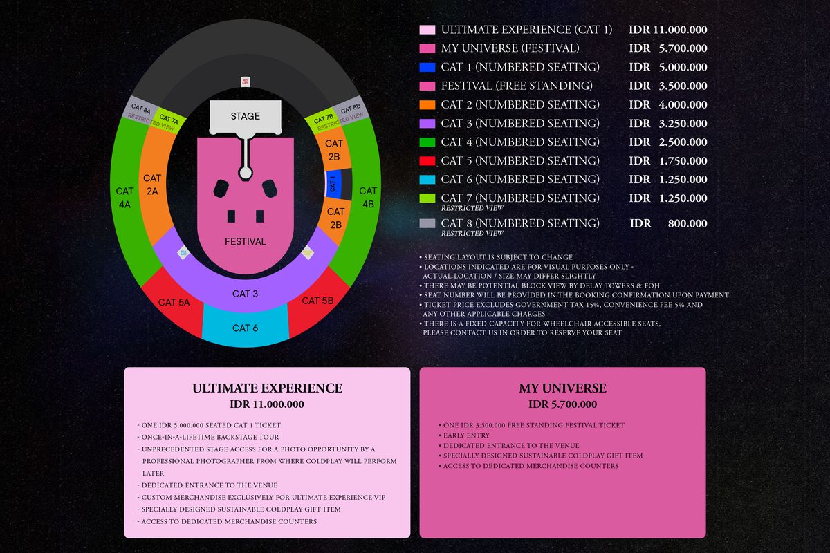 Seat plan dan layout konser Coldplay di Jakarta, Indonesia pada 15 November 2023. 