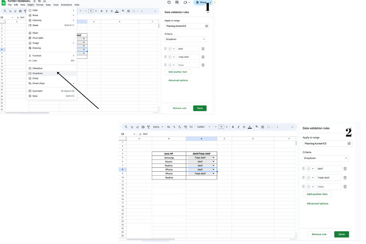 Penjelasan cara membuat menu dropdown di Google Sheets