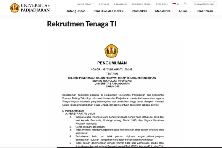 Tangkapan layar informasi lowongan pekerjaan di Unpad November 2021.