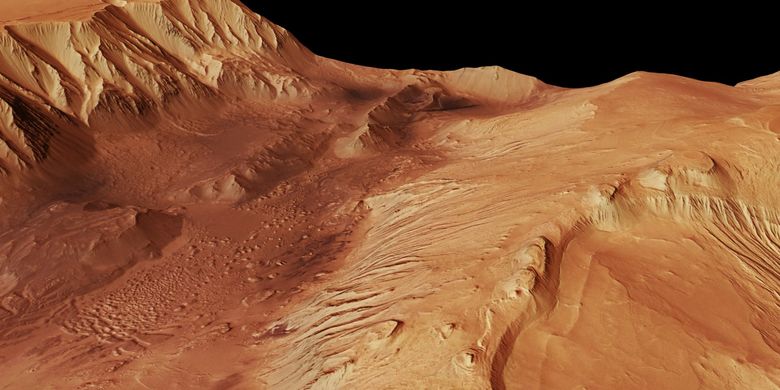 Foto Candor Chasma, salah satu ngarai terbesar di bagian utara Valles Marineris, diambil pengorbit Mars Express pada Juli 2006. Analisis data foto ngarai di planet merah, ilmuwan menemukan potensi air di Mars dalam jumlah besar di sistem ngarai yang mirip Grand Canyon tersebut.