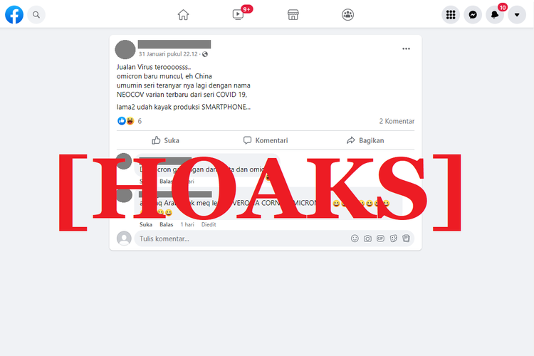 Tangkapan layar unggahan hoaks di sebuah akun Facebook, yang menyebut bahwa NeoCov adalah varian baru dari Covid-19