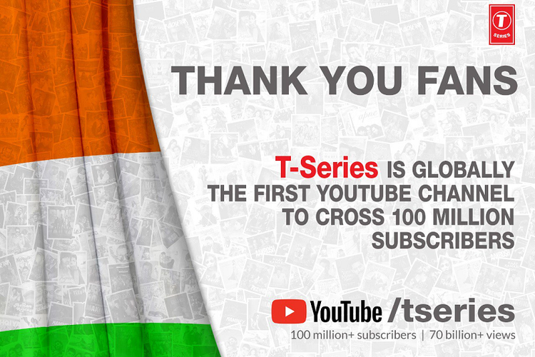 T-Series pecahkan rekor sebagai kanal YouTube pertama yang memiliki 100 juta subscriber.