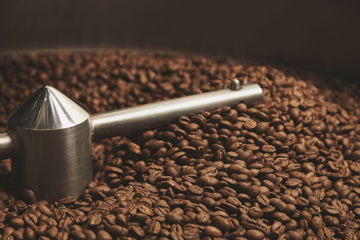 Ilustrasi biji kopi yang sedang disangrai atau roasting. 