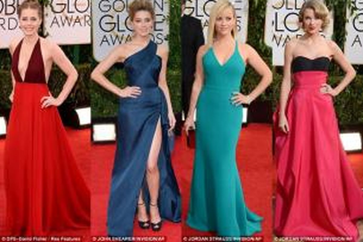Gaun berwarna terang menjadi pilihan beberapa aktris di ajang karpet merah Golden Globes Award 2014.