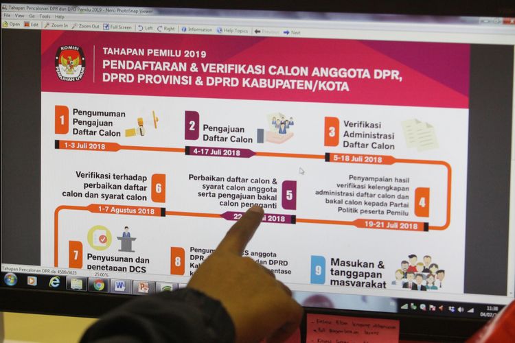 Petugas KPU memperlihatkan alur pendaftaran bakal calon Anggota Legislatif yang akan mendaftarkan diri  untuk caleg DPR RI di Gedung KPU RI, Jakarta, Rabu (4/7/2018). Komisi Pemilihan Umum (KPU) membuka pendaftaran bagi warga negara yang hendak mendaftarkan diri sebagai calon anggota legislatif (caleg) dan pendaftaran tersebut dibuka untuk caleg dari tingkat DPRD kabupaten/kota hingga DPR RI.