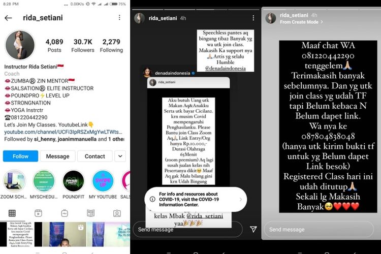 Instagram Story pelatih zumba Rida Setiani yang viral.