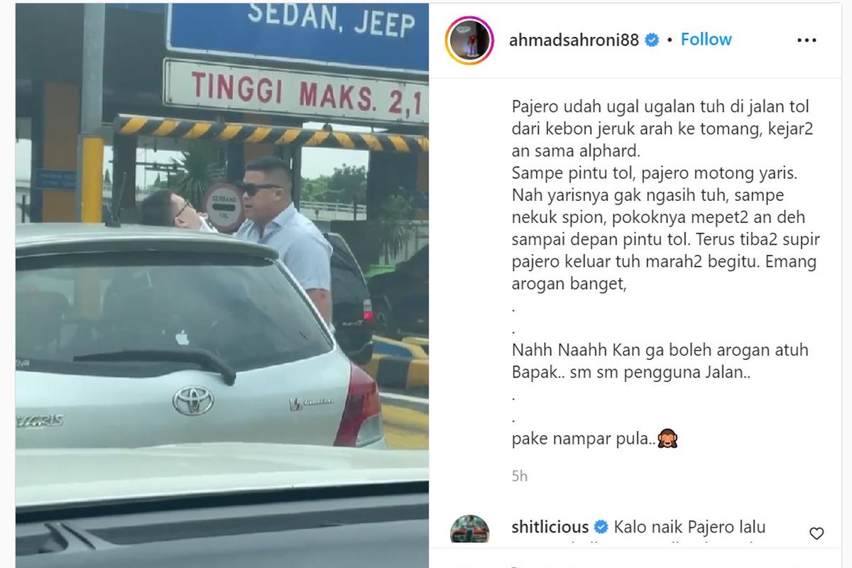 Aksi arogan pengemudi mobil kepada pengendara lain terjadi di jalan tol dari Kebon Jeruk mengarah ke Tomang, Jakarta Barat, Minggu (22/5/2022). Aksi tersebut terekam dalam video yang diunggah Wakil Ketua Komisi III DPR RI dari Fraksi Partai Nasdem Ahmad Sahroni melalui akun Instagram pribadinya, @ahmadsahroni88.