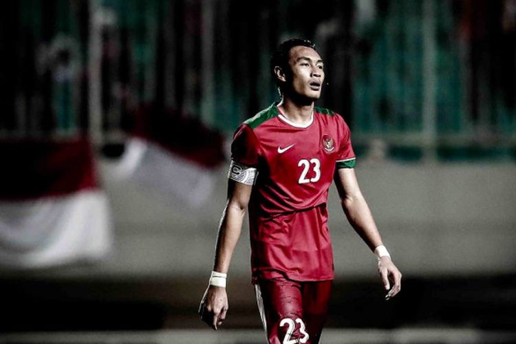 Hansamu Yama dalam laga uji coba kontra Korea Selatan di Stadion Pakansari, Bogor, Sabtu (23/6/2018).
